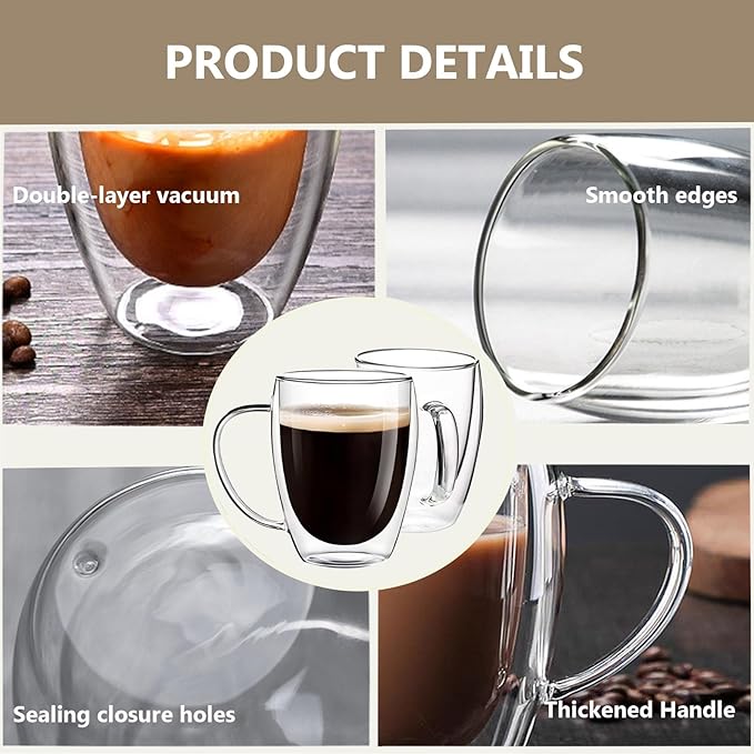 DINGPAl 4 Pack Double Wall Glass Coffee Mugs, 12 oz Walled Insulated Cappuccino Mug Heat Resistant Borosilicate Glass Coffee Cups with Handle and Spoon for Latte, Espresso, Americano, Hot/Cold Drink