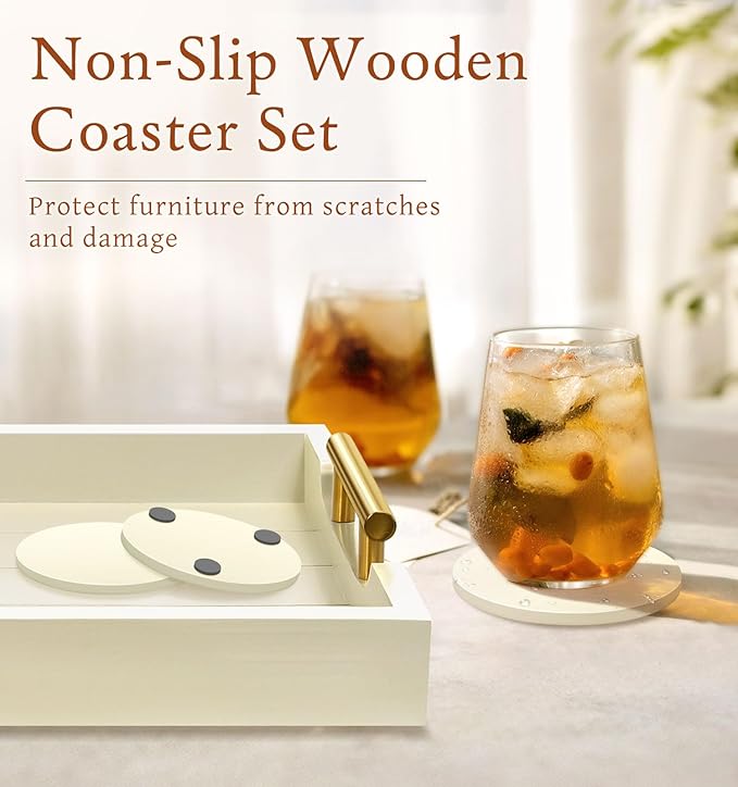Ottoman Tray for Coffee Table & Couch, Large Wooden Serving Tray with 2 Set of Handles - Modern Farmhouse Rectangle Decorative Tray for Living Room Kitchen Includes 4 Coasters, Off-White/Cream
