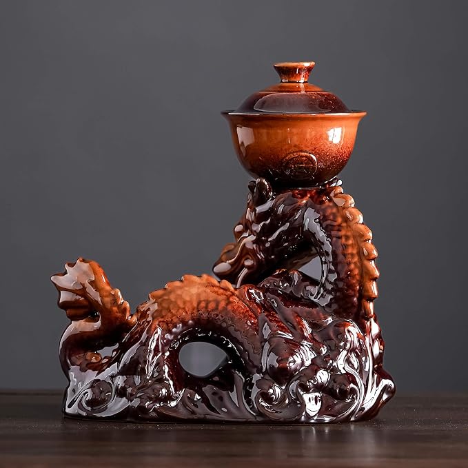 Ceramic Teapot with Infuser Semi Automatic Tea Set Magic Teapot with 8 cups Gradient Color (Yellow Dragon- C)