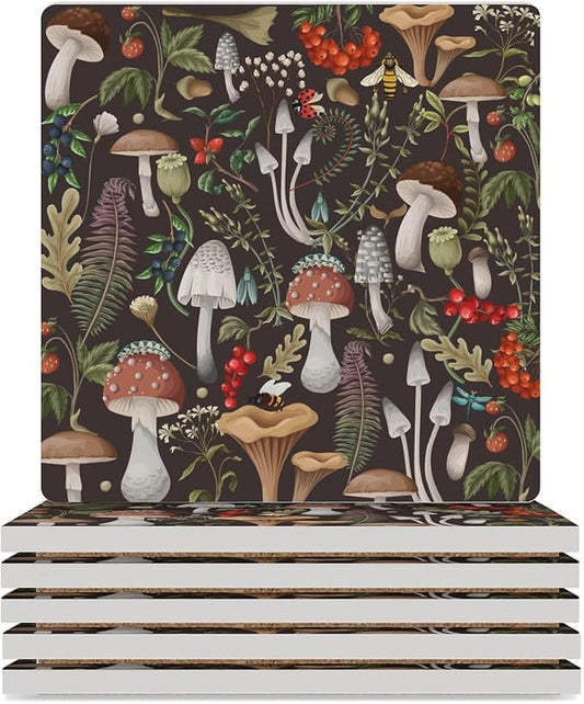 Square-6PCS Botanical Ceramic Coasters, Square Absorbent Drink Coasters, Vintage Cartoon Abstract Botanical Mushroom Plants Pattern Ceramic Table Coasters for Coffee, Beverage, Wine, Beer Coasters
