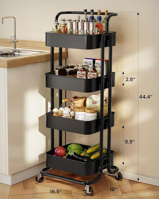 Pipishell 4 Tier Mesh Utility Cart, Rolling Metal Organization Cart with Handle and Lockable Wheels, Multifunctional Storage Shelves for Kitchen Living Room Office White, PIUC12B