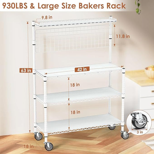 Leteuke 42 Inch Bakers Rack with Wheels, 4-Tier Microwave Stand Kitchen Cart, Heavy Duty Utility Kitchen Cart, Microwave Cart Storage Rack with 20 S-Hooks & Shelf Liners, 42× 18× 63 Inch, White