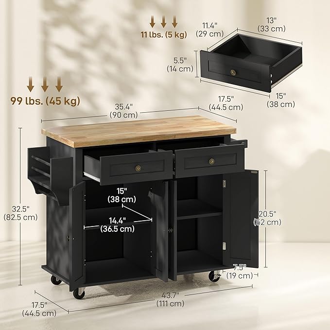 HOMCOM Kitchen Island Cart with Rubber Wood Top, Rolling Kitchen Island Table on Wheels with Drawers, Adjustable Shelves, Spice Rack and Towel Rack for Dining Room, Black