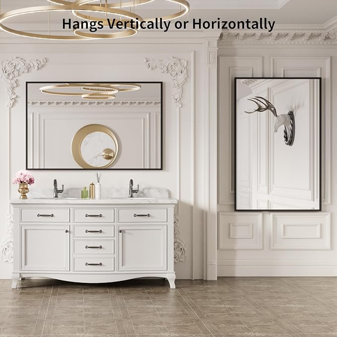 LOAAO 48"X30" Black Rectangle Bathroom Mirror Wall, Matte Black Aluminum Alloy Frame, Tempered Glass, Hangs Vertically or Horizontally, Easy to Install