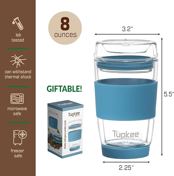 Tupkee Double Wall Glass Tumbler - 8-Ounce, All Glass Hand Blown Reusable Insulated Tea/Coffee Mug & Lid, Travel Mug - Niagara