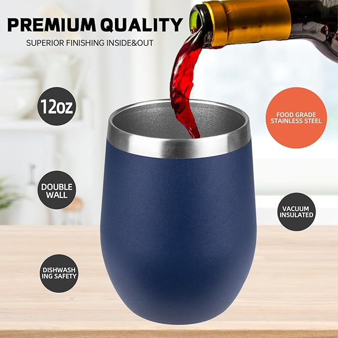 StarSpeed 12oz/6 Pack Wine Tumbler with lid, Stainless Steel Travel Mugs Stemless Double Wall Insulated Coffee Cup, Insulated Wine Glasses Travel Tumbler for Cold & Hot Drinks(Navy Blue, 6)