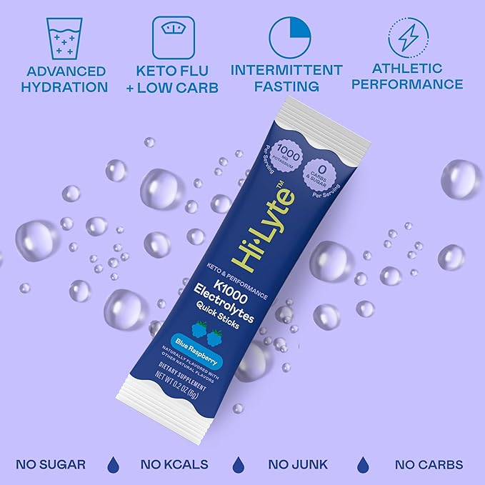 Hi-Lyte K1000 Blue Raspberry Electrolytes Powder Packets, 30 Servings - 1000mg Potassium + Magnesium, Sodium, Trace Minerals - 0 Carbs, 0 Sugar