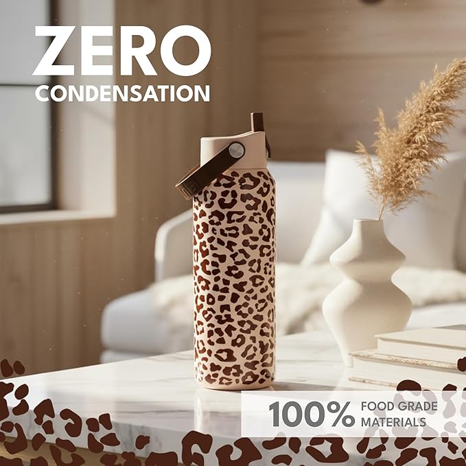 Elemental 40oz Insulated Water Bottle with Straw - 100% Leak-Proof Stainless Steel Core Water Bottles for Travel, Sports and Gym - Double Wall Insulation & BPA Free - Beige Leopard