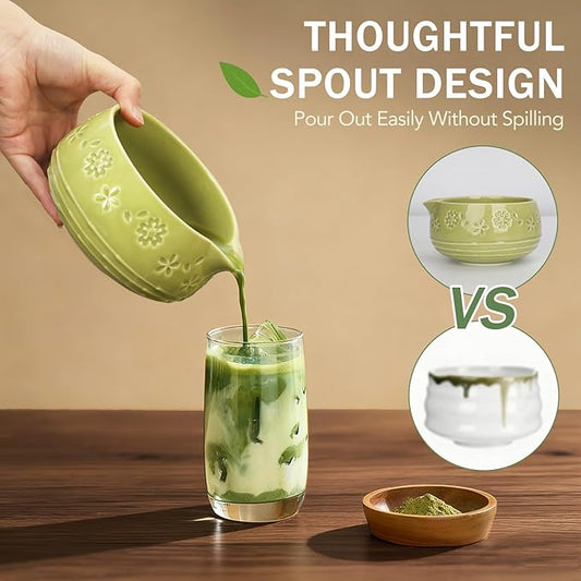Matcha Whisk Set, Ceramic Bowl with Spout, Bamboo Matcha Whisk & Spoon, Chasen Holder, Scoop Rest, Sifter, 8-Pcs Japanese Ceremony Matcha Powder Kit–Valentine's Day Gift for Women-Matcha Green