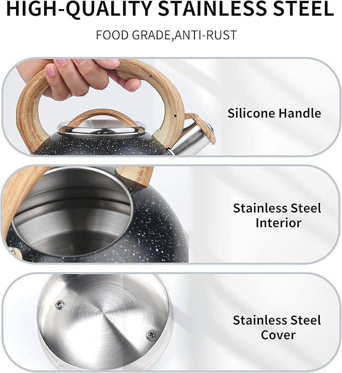 3 Quart Stainless Steel Whistling Tea Kettle – Natural Stone Finish Teapot with Cool-Touch Wood Handle, Loud Whistle & Rust-Resistant Base(black)