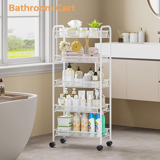 TOOLF 5-Tier Rolling Cart, Metal Utility Cart with 3 Hooks, Easy Assemble Mobile Storage Trolley On Wheels, Metal Shelving Units Kitchen Bathroom Laundry Room