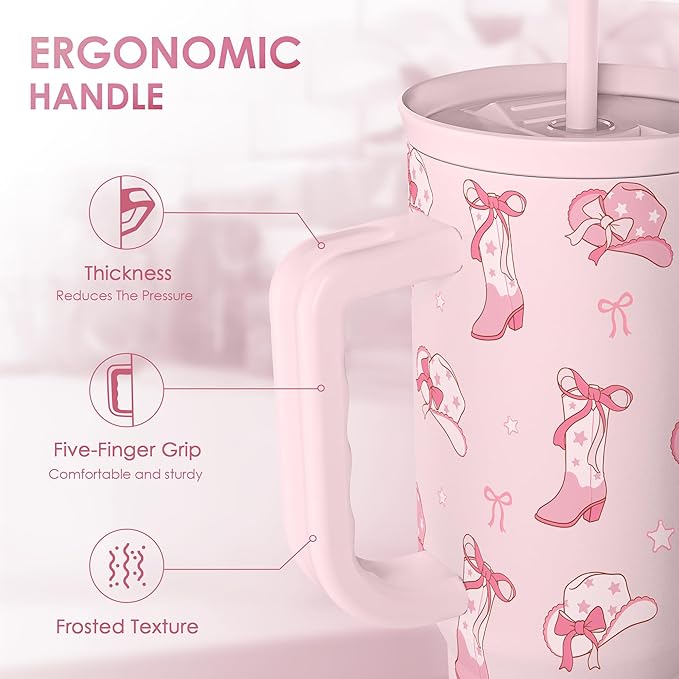 Cowgirl 40oz Slider Tumbler with Handle and Straw - Insulated Stainless Steel Travel Coffee Mug for Women Girls, Gift for Birthday, Christmas