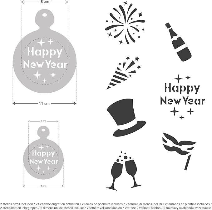 NAKLEO Coffee Stencils and Cookies Decoration 14Pcs 2.8”x2.8” and 4.3”x4.3”, Reusable Plastic Baking Templates, New Years Eve, Barista DIY Art Craft, Capuccino Latte Chocolate Cake Biscuit