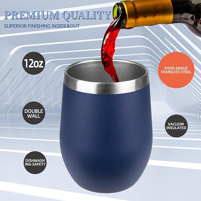 12oz/4 Pack Wine Tumbler with lid, Stainless Steel Travel Mugs Stemless Double Wall Insulated Coffee Cup, Insulated Wine Glasses Travel Tumbler for Cold & Hot Drinks(Navy Blue,4)