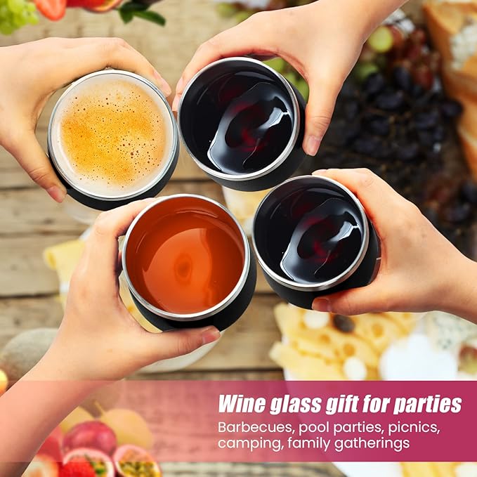 6 Pack Stainless Steel Wine Tumblers 12 oz Insulated Vacuum Wine Cup Set Double Wall Stainless Steel Stemless Mug Glasses for Coffee Soda Whiskey Outdoor Travel (Black)