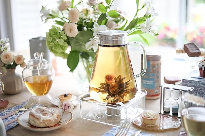 Teabloom One-Touch Tea Maker, 2-in-1 Teapot and Kettle with Stainless Steel Filter Lid for Loose Tea – Stain-free Borosilicate Glass Teapot (56 Oz) – Tea Connoisseur's Choice