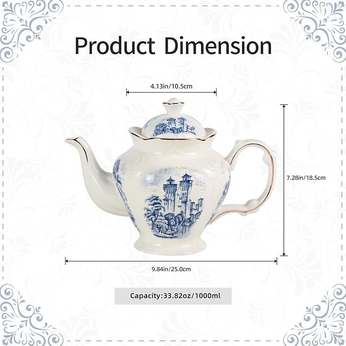 KAMMAK Teapot with Handle, Vintage Porcelain Tea Pot with Gold Trim, Blooming & Loose Leaf Teapot, Festive Holiday Serveware, Gifts for Women, Vintage Blue - 33 oz