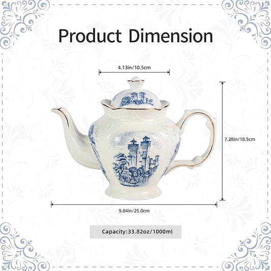 KAMMAK Teapot with Handle, Vintage Porcelain Tea Pot with Gold Trim, Blooming & Loose Leaf Teapot, Festive Holiday Serveware, Gifts for Women, Vintage Blue - 33 oz