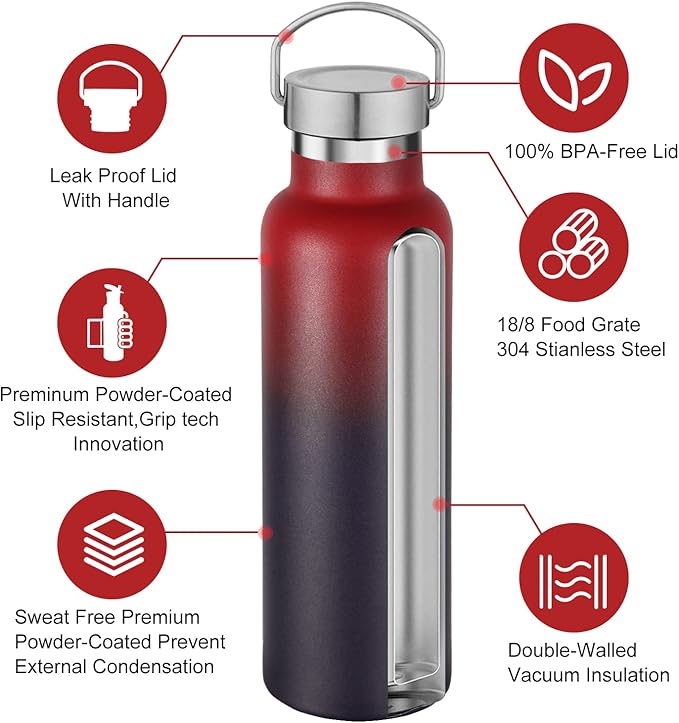 Neihepal 20 oz Insulated Water Bottles,Stainless Steel Double Wall Sport Bottle with Lid of Handle (8, Eight Color)
