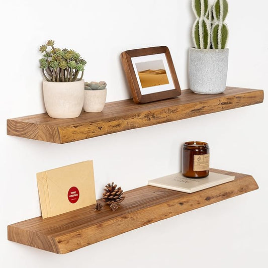 30 Inch Floating Shelves for Wall, Solid Elm Wood Live Edge Floating Shelves for Bedroom Living Room Bathroom, Wall Mounted Wooden Shelf with Invisible Bracket for Books Decor Storage, Natural
