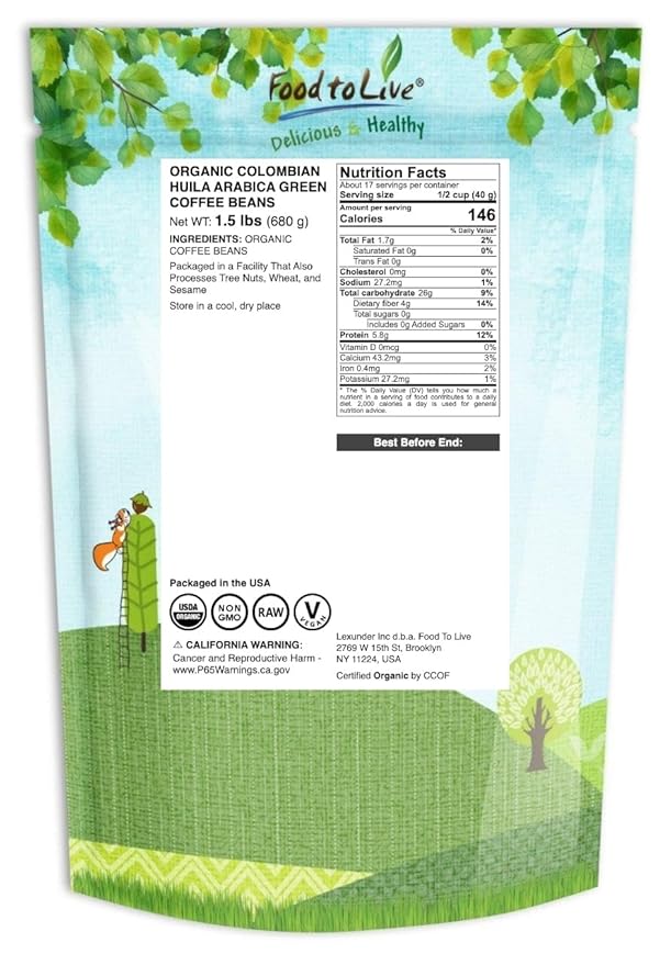Food to Live Organic Colombian Huila Arabica Green Coffee Beans, 1.5 Pounds – Whole, Unroasted, Washed Bean. Single Origin. Fresh Crop. No-GMO, Vegan, Bulk