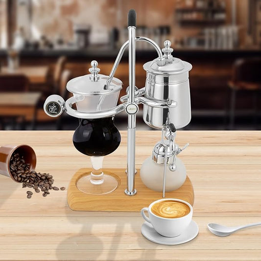 Belgian/Belgium Royal Family Balance Syphon Coffee Maker Siphon Coffee Brewer Unique Gravity Vintage Coffee Maker Elegant Retro Coffee Makers Vacuum Brewing System (400ml/13.53oz) Sliver