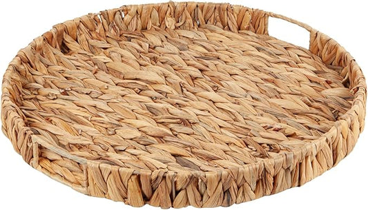 Round Ottoman Tray Large Wicker Serving Tray with Handles for Coffee Table, 18 Inch Handwoven Natural Water Hyacinth Tray
