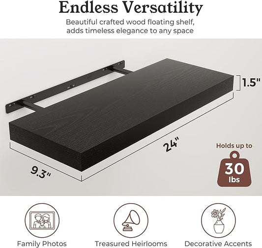 Floating Shelves for Wall, 9.3" Deep Wall Mounted Wood Shelves for Bathroom, Bedroom, Living Room, Kitchen, Hanging Shelf for Books/Storage/Room Decor (Black, 24")