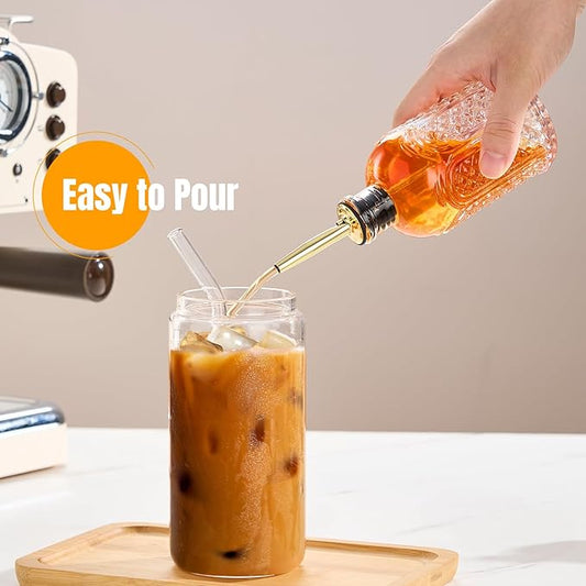 2pcs Glass Coffee Syrup Dispenser Bottles 7 OZ, Simple Syrup Bottles with Metal Pour Spout, Syrup Dispenser for Coffee Bar Accessories for Maple Honey Syrup Oil and Sauces