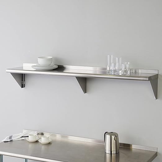 ROCKPOINT Stainless Steel Shelf 12 x 60 Inches 400lb, NSF Metal Commercial Shelves Wall Mount Floating Shelving with Backsplash for Restaurant, Kitchen, Home and Hotel, Silver