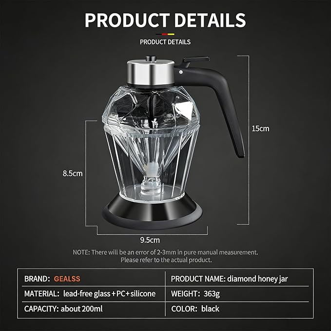 Honey Dispenser No Drip with Base 2026 Upgrade, 8oz Glass Honey Jar pot with Handle, Syrup Dispenser for Coffee or Tea, Mess Free Honey Dispenser for Honey Syrup Olive Oil, Maple Syrup Honey Container