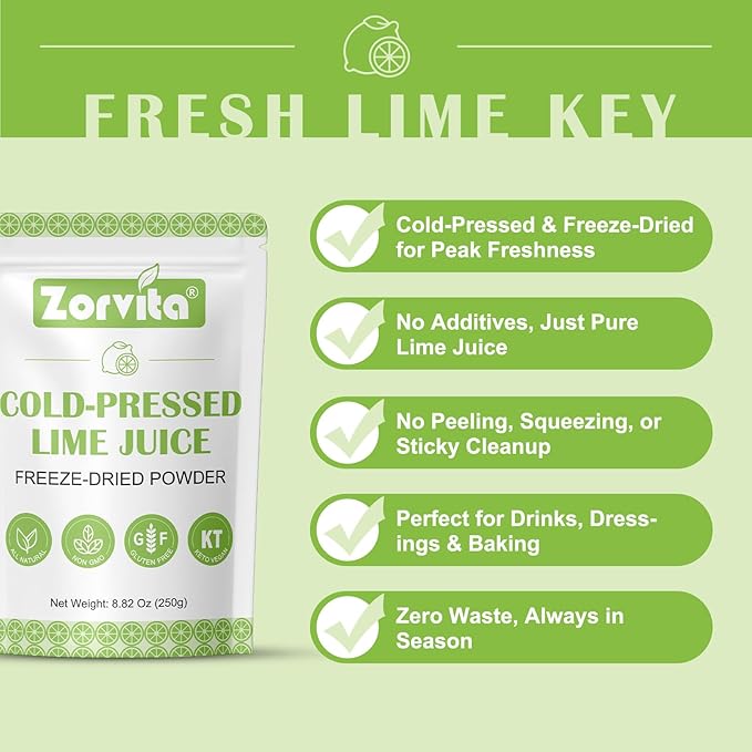 Zorvita Freeze-Dried Lime Juice Powder, Bold Tangy Flavor, Cold Pressed Fresh Lime No Additives or Fillers, Gluten-Free, Non-GMO 8.82 oz (250g)