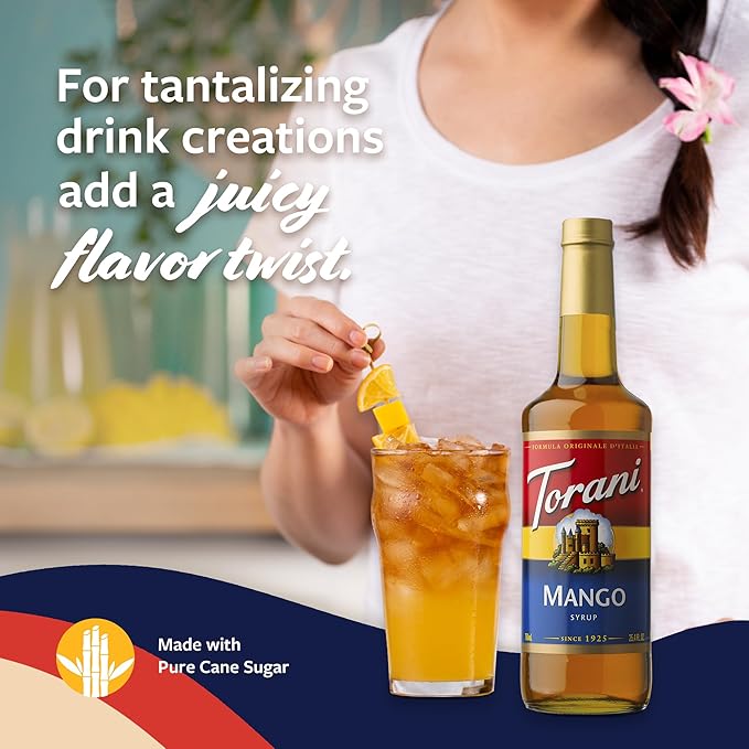Torani Mango Syrup for Drinks, Flavoring for Iced Tea, Lemonade, and Sodas, Glass Bottle with Pump Included, 25.4 Fl Oz
