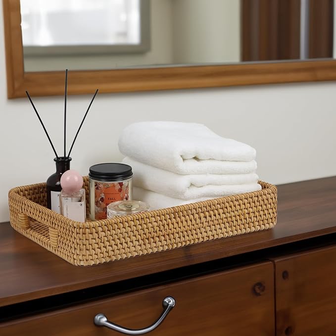 Rattan Serving Tray, Rectangle Coffee Table Tray with Handles, Decorative Ottoman Tea Tray Wicker Basket for Coffee, Bread, Fruits, Snacks, Breakfast, Drinks, Table Decor