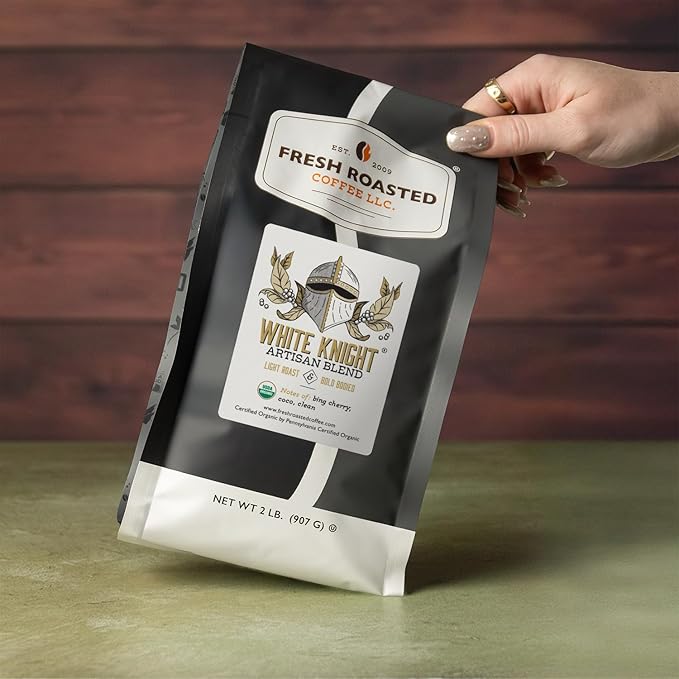Fresh Roasted Coffee, Organic White Knight | USDA Organic, Kosher | Light Roast 2 lb (32 oz), Whole Bean
