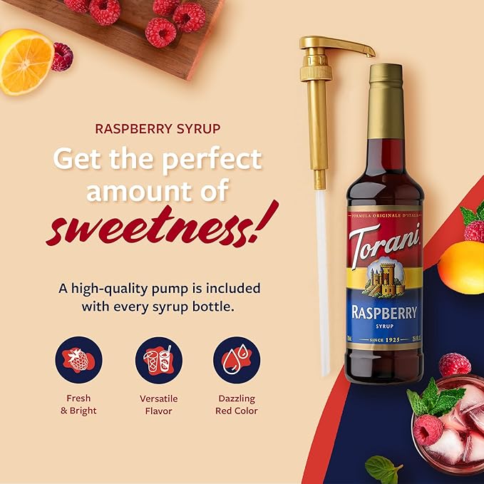 Torani Raspberry Syrup for Drinks, Flavoring for Iced Tea, Lemonade, and Sodas, Pump Included, 25.4 Oz