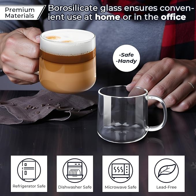 Aquach 20 oz Large Glass Coffee Mugs with Handle Set of 2 - Clear Glass Cups for Latte, Cappuccino, and Tea