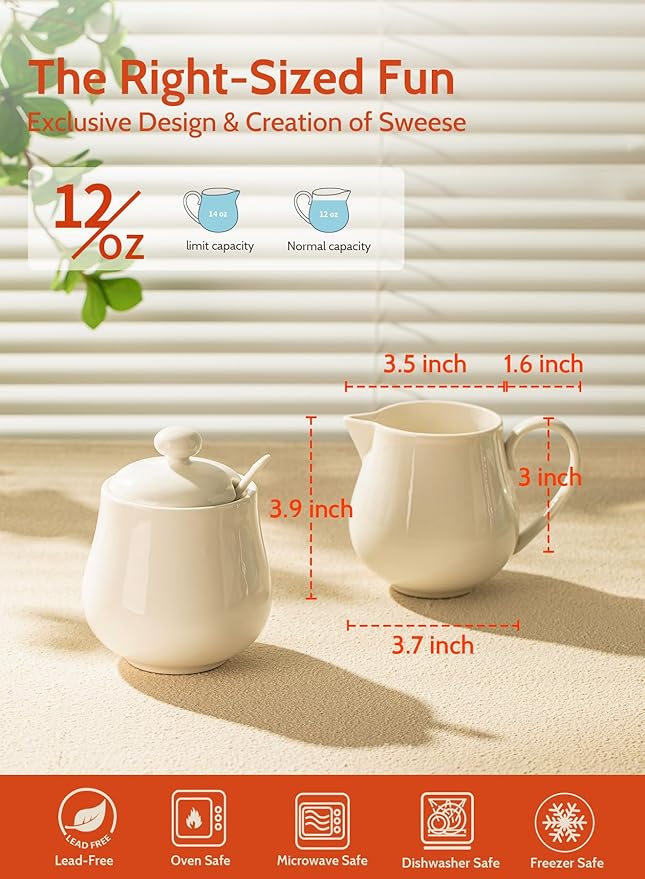 Sweese 12 Ounce Porcelain Sugar and Creamer Set, Coffee Serving Set, 3 Piece with Creamer Pitcher, Sug