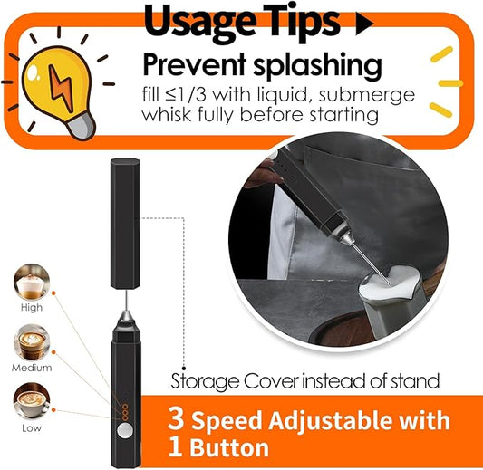 Rechargeable Milk Frother Handheld 3 Speed Adjustable, Electric Whisk Foam Maker, Handheld Drink Mixer, Mini Frother Wand with Stainless Steel Whisk for Coffee, Lattes, Cappuccinos, with Storage Cover
