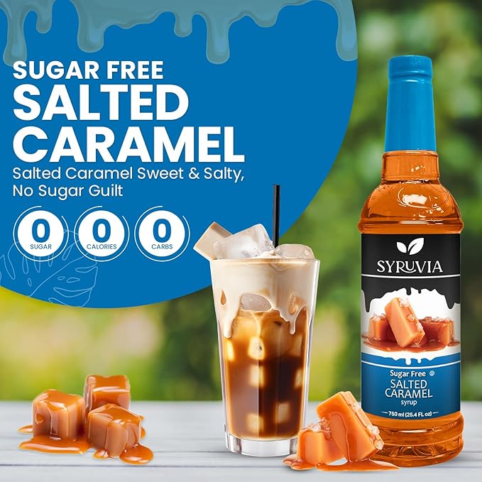 Syruvia 4 Pack Sugar-Free Salted Caramel Coffee Syrup – 25.4 fl oz - Syrup for Coffee, Lattes, Shakes, Smoothies, Desserts – 100% Vegan, Gluten Free, Kosher – No-Calorie Coffee Syrup