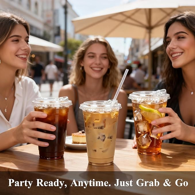 Goodluck 100 Pack 16 oz Clear Plastic Cups with Lids - Disposable Iced Coffee Cups with lids for Party Drinks Smoothies, Juices, and More - Straws Included, BPA Free & Food Safe