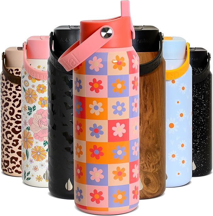 Elemental 40oz Insulated Water Bottle with Straw - 100% Leak-Proof Stainless Steel Core Water Bottles for Travel, Sports and Gym - Double Wall Insulation & BPA Free - Checkered Flower