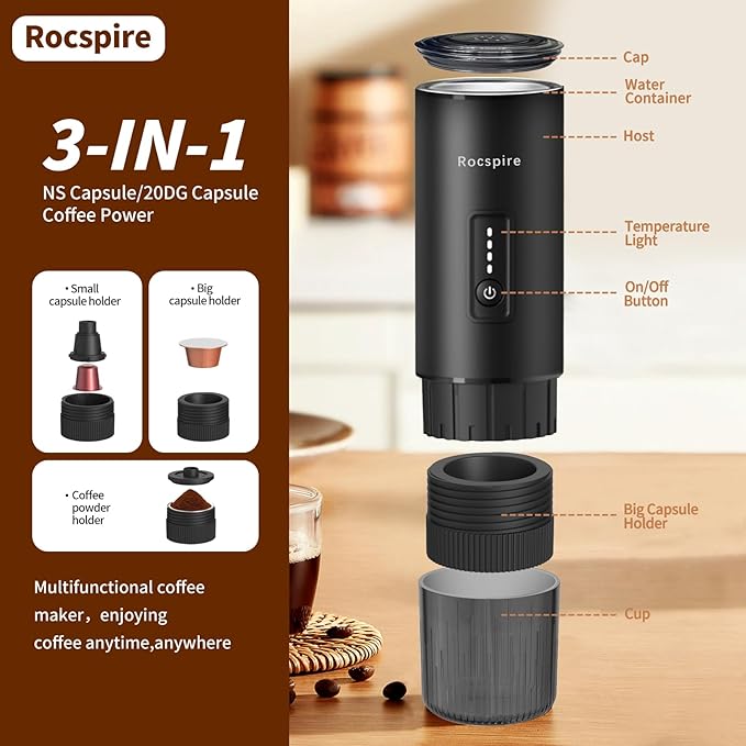 Portable Espresso Maker with Stainless Steel Body | 7500mAh Rechargeable Battery | 20 Bar Self-Heating with USB-C | Works with Most Capsules Compatible for Camping, Travel, Outdoor (Black)