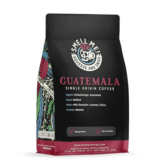 Bones Coffee Company Guatemala Single-Origin, Milk Chocolate, Citrus and Caramel Notes, Ground Coffee Beans, Low Acid Medium Roast Arabica Beans Flavored Coffee, 12 oz Ground