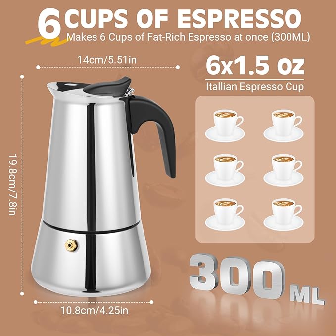 Suiitat Moka Pot, 6 Cups (10.6 oz) Stovetop Espresso Maker, 304 Stainless Steel Moka Pot, Induction Compatible, Silver