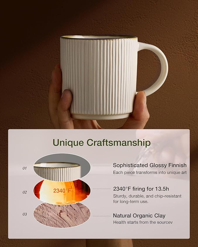 famiware Coffee Mug Set for 8, Star 12 oz Catering Mugs Cup Set with Handle for Coffee, Tea, Cocoa, Milk - Ceramic Stoneware Drinkware Set, White