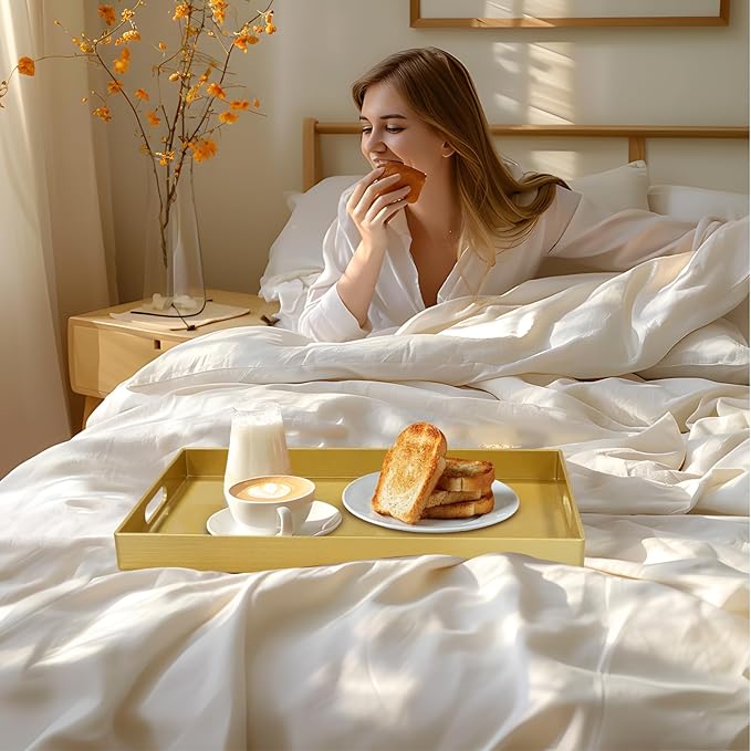 MAONAME Modern Gold Decorative Tray with Handles, Gold Leaf Serving Tray for Coffee Table, Rectangle Bathroom Decor Trays, 15.8" L x 10.2" W x 1.4" H