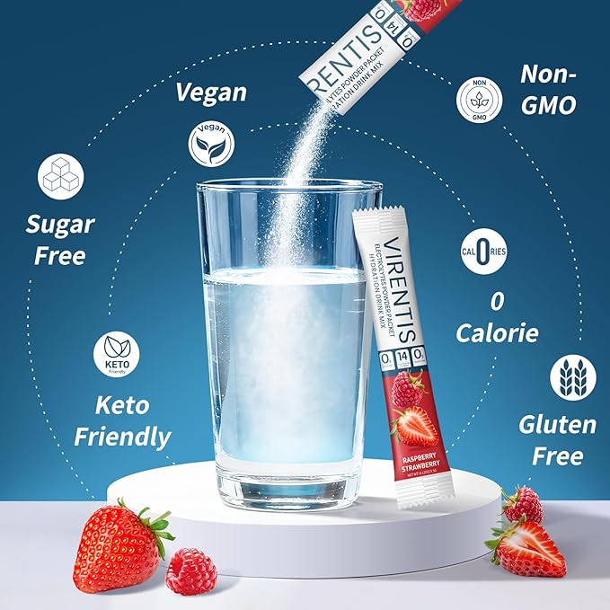 16 Sticks Electrolytes Powder Packets Sugar Free Hydration Packets Liquid Daily IV Electrolyte Drink Mix for Rehydration with 8 Electrolytes & 6 Vitamins, Low Sodium, Raspberry Strawberry