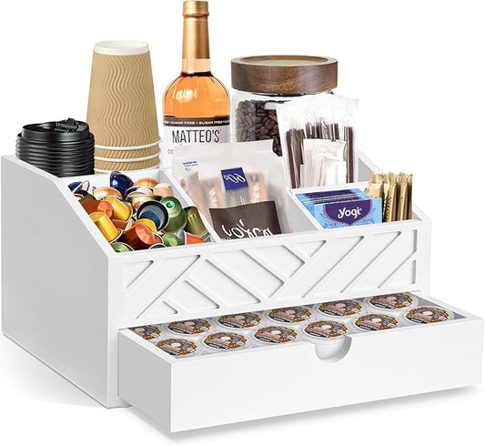 Coffee Bar Organizer with Drawer, Coffee Station Organizer for Countertop, Wood Coffee Bar Accessories Organizer for Coffee Bar Decor, Farmhouse Coffee Cup Pod Holder Condiment Organizer(White)