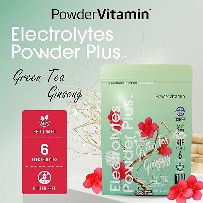 PowderVitamin Electrolytes Powder Plus (100 Servings) Green Tea Ginseng Electrolyte Powder Keto, Sugar Free, Pink Himalayan Salt,1000mg Potassium,150mg Calcium,150mg Magnesium, Hydration Powder